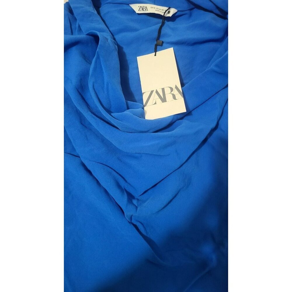 ZARA BLOUSE WITH FLOWING NECKLINE HEM SIZE M BLUE 7484 062 17.5" Ptp Strech
